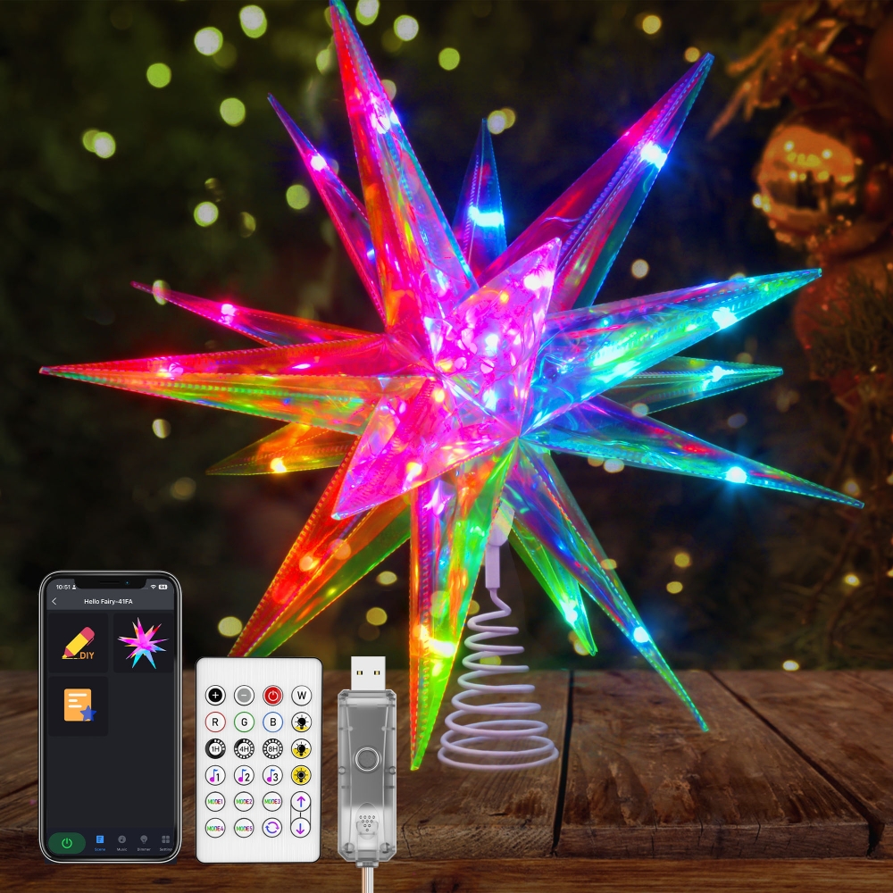 3D PET Christmas Star Tree Topper Lights